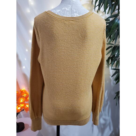 Talbots Chevron Zig Zag Yellow White Knit Puff Sleeve Sweater Womens Size L Soft - Picture 4 of 11